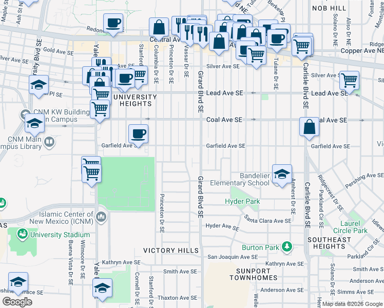 map of restaurants, bars, coffee shops, grocery stores, and more near 512 Vassar Drive Southeast in Albuquerque