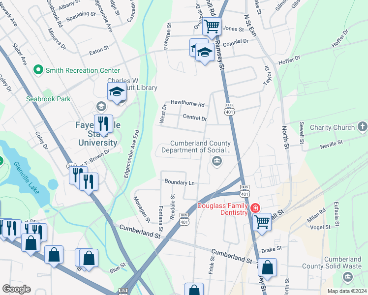 map of restaurants, bars, coffee shops, grocery stores, and more near 276 North Windsor Drive in Fayetteville