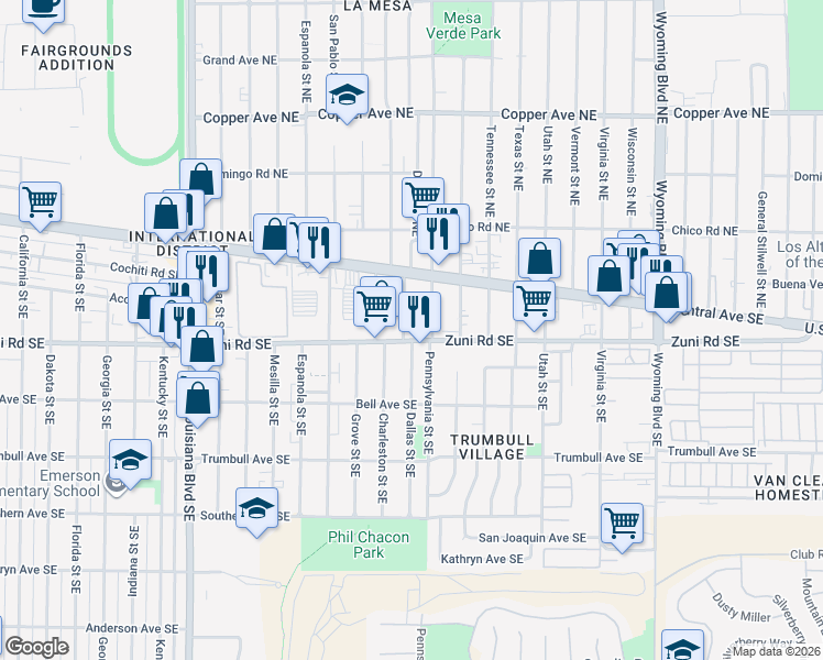 map of restaurants, bars, coffee shops, grocery stores, and more near 7801 Zuni Road Southeast in Albuquerque
