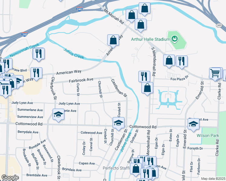 map of restaurants, bars, coffee shops, grocery stores, and more near 5184 Darlington Drive in Memphis