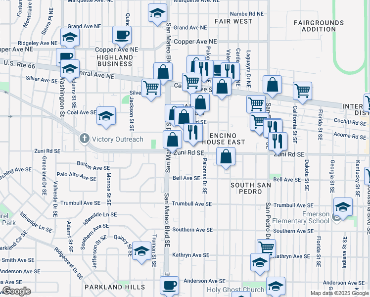 map of restaurants, bars, coffee shops, grocery stores, and more near 5555 Zuni Road Southeast in Albuquerque