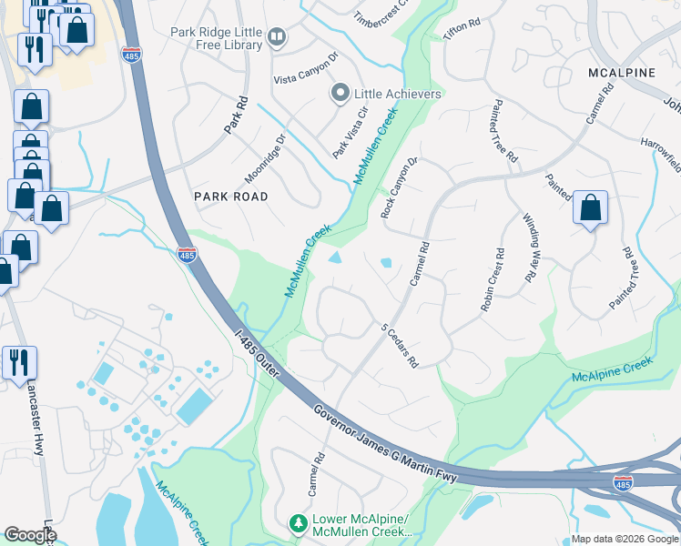 map of restaurants, bars, coffee shops, grocery stores, and more near 8105 Stonemill Court in Charlotte
