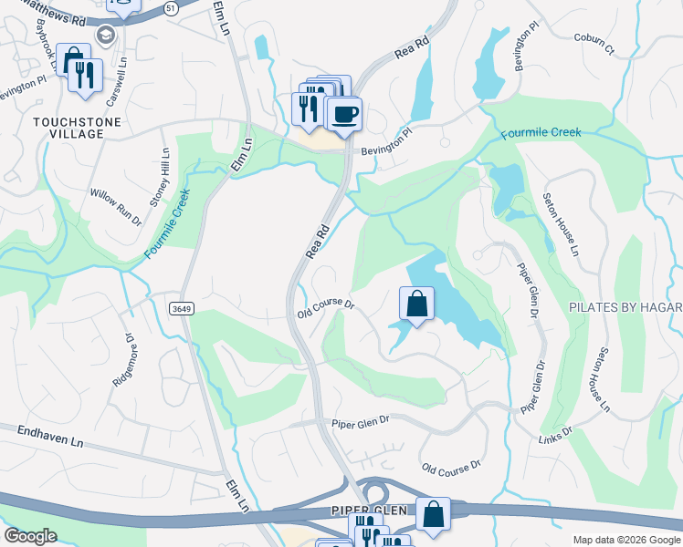 map of restaurants, bars, coffee shops, grocery stores, and more near 6812 Linkside Court in Charlotte