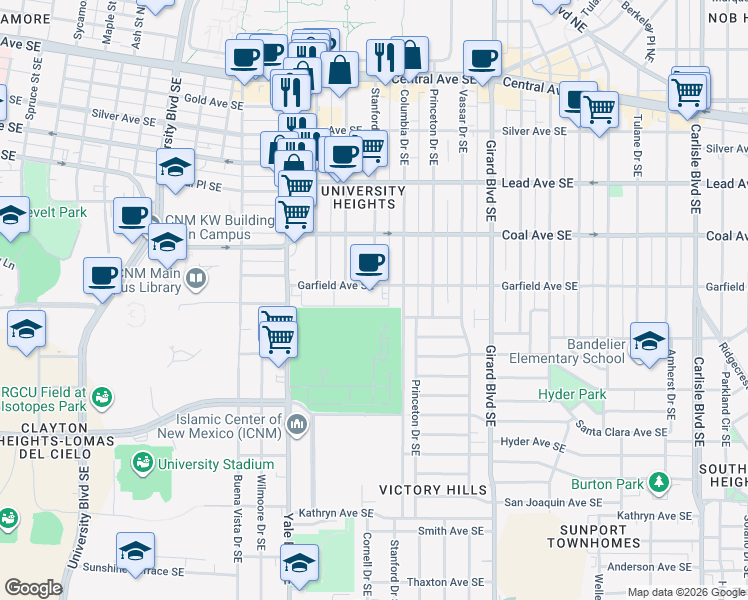 map of restaurants, bars, coffee shops, grocery stores, and more near 2426 Garfield Avenue Southeast in Albuquerque
