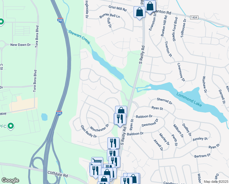 map of restaurants, bars, coffee shops, grocery stores, and more near 1002 Brookhollow Drive in Fayetteville
