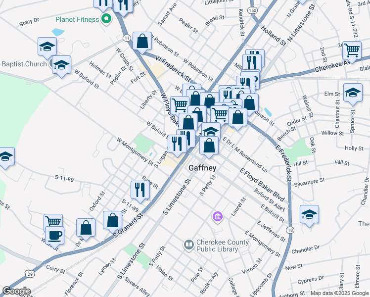 map of restaurants, bars, coffee shops, grocery stores, and more near in Gaffney