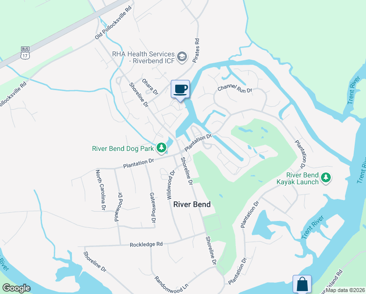map of restaurants, bars, coffee shops, grocery stores, and more near 48 Shoreline Drive in New Bern