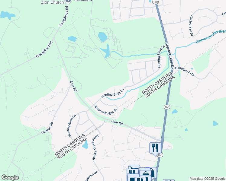 map of restaurants, bars, coffee shops, grocery stores, and more near 15115 Carlow Hills Place in Charlotte