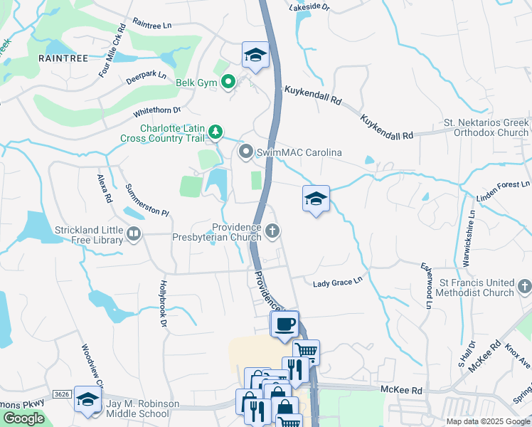 map of restaurants, bars, coffee shops, grocery stores, and more near 10016 Providence Road in Charlotte