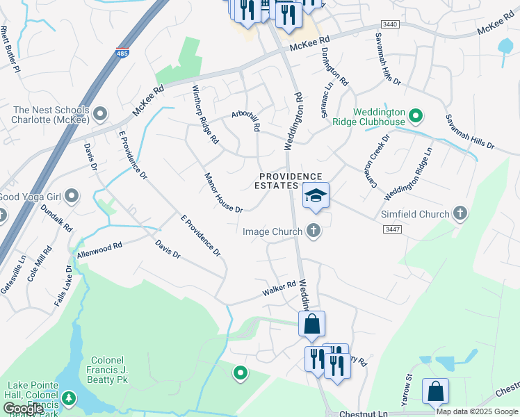 map of restaurants, bars, coffee shops, grocery stores, and more near 3926 Manor House Drive in Charlotte