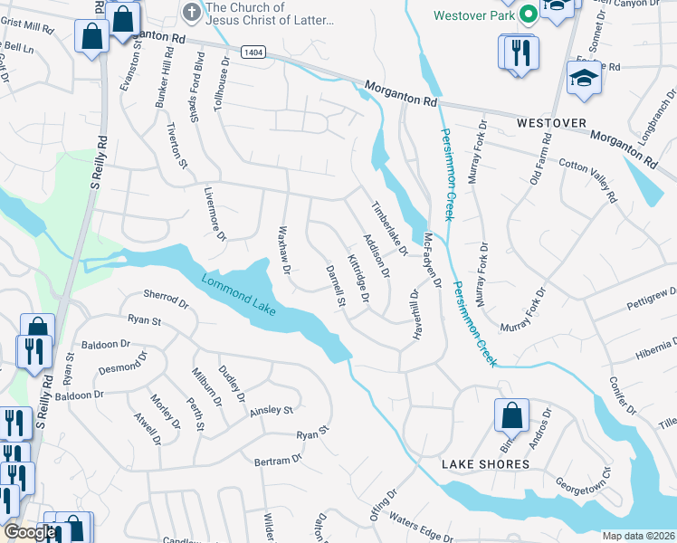 map of restaurants, bars, coffee shops, grocery stores, and more near 7034 Darnell Street in Fayetteville