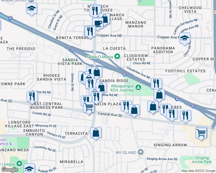 map of restaurants, bars, coffee shops, grocery stores, and more near 500 Paisano Street Northeast in Albuquerque