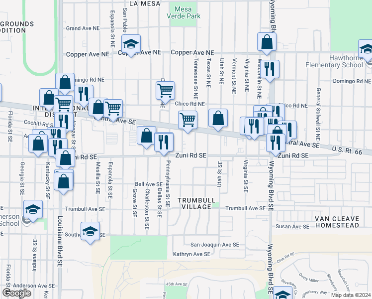 map of restaurants, bars, coffee shops, grocery stores, and more near 7915 Zuni Road Southeast in Albuquerque