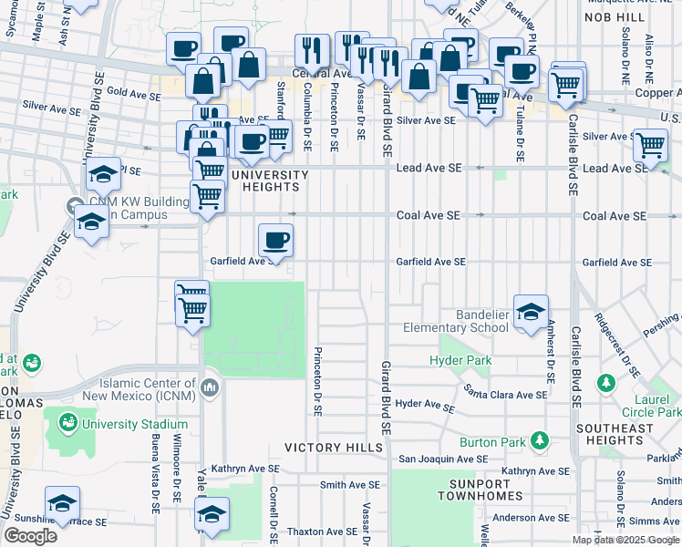 map of restaurants, bars, coffee shops, grocery stores, and more near 510 Princeton Drive Southeast in Albuquerque