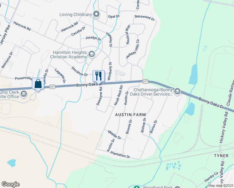 map of restaurants, bars, coffee shops, grocery stores, and more near 7641 Noah Reid Road in Chattanooga