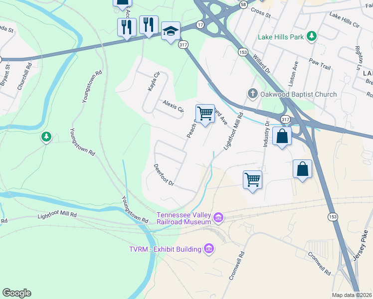 map of restaurants, bars, coffee shops, grocery stores, and more near 3800 Peach Street in Chattanooga