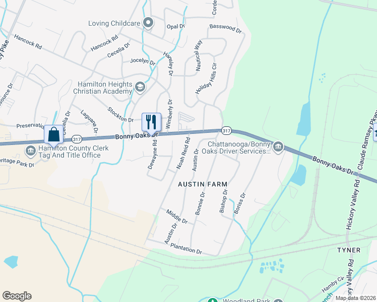map of restaurants, bars, coffee shops, grocery stores, and more near 7641 Noah Reid Road in Chattanooga