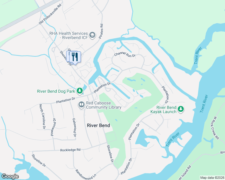 map of restaurants, bars, coffee shops, grocery stores, and more near 15 Quarterdeck Townhouses in New Bern
