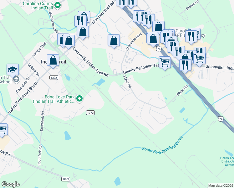 map of restaurants, bars, coffee shops, grocery stores, and more near 100 Plyler Road in Indian Trail