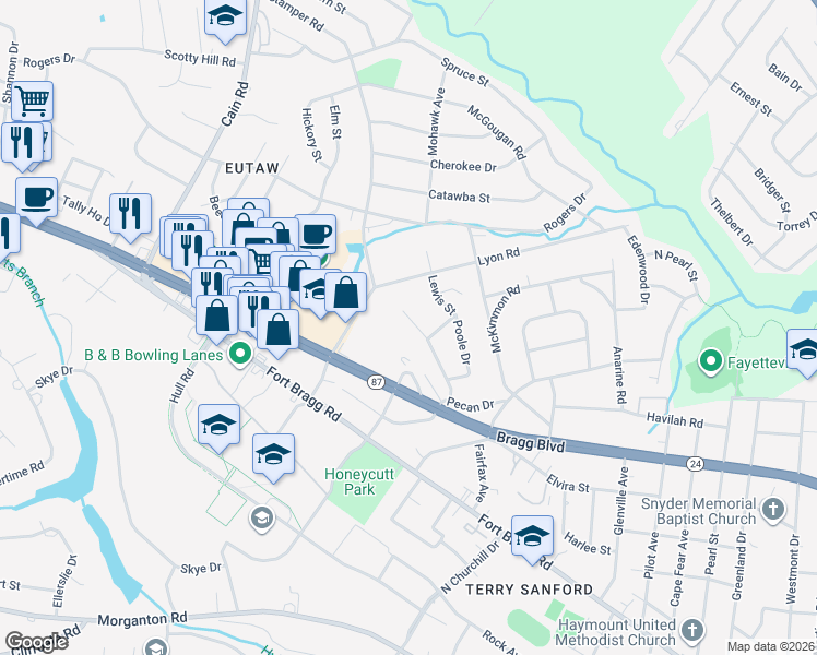 map of restaurants, bars, coffee shops, grocery stores, and more near 809 Calvin Circle in Fayetteville