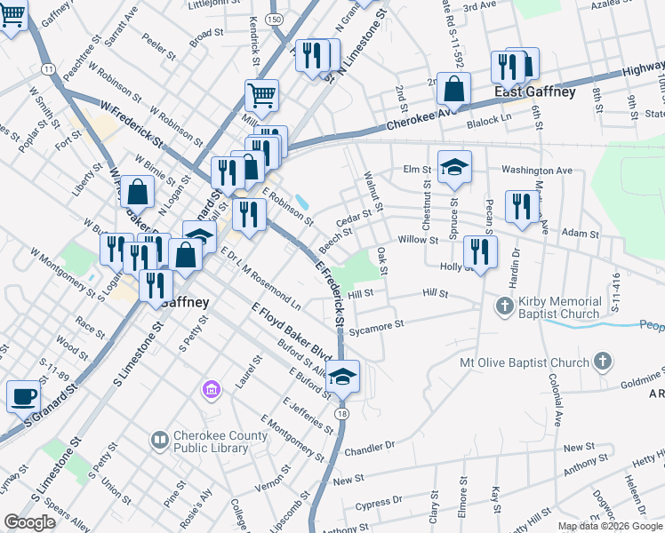 map of restaurants, bars, coffee shops, grocery stores, and more near 508 East Robinson Street in Gaffney