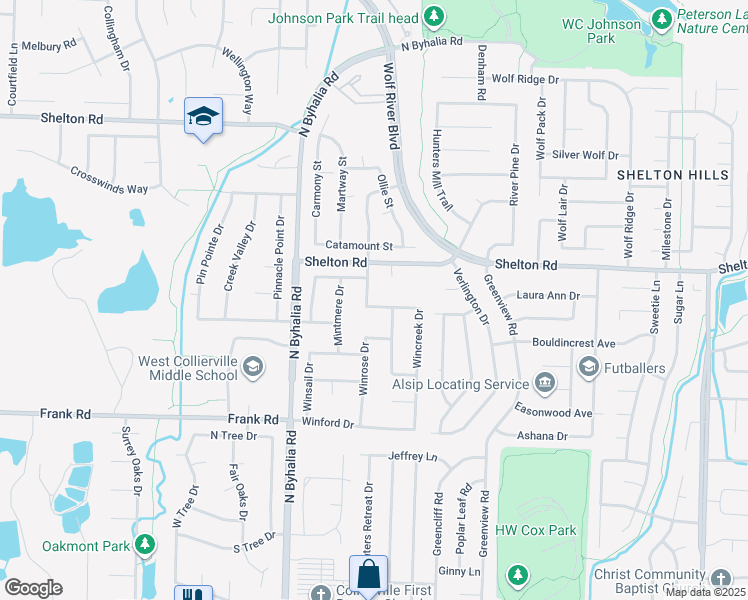 map of restaurants, bars, coffee shops, grocery stores, and more near 596 Prestworth Drive in Collierville