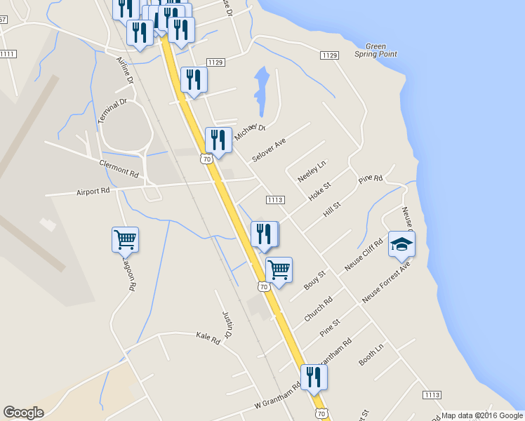 map of restaurants, bars, coffee shops, grocery stores, and more near 1611A Old Cherry Point Road in New Bern