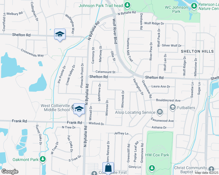map of restaurants, bars, coffee shops, grocery stores, and more near 596 Prestworth Drive in Collierville