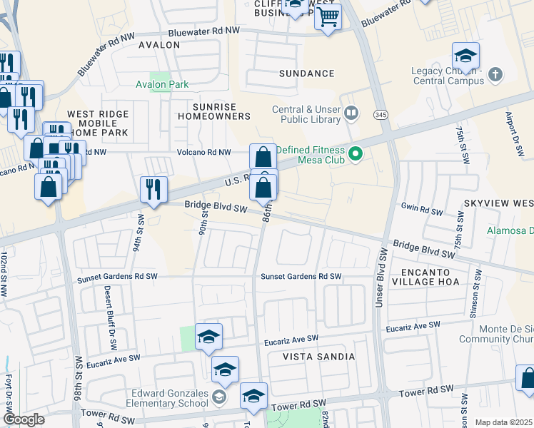 map of restaurants, bars, coffee shops, grocery stores, and more near Bridge Blvd SW & 86th St SW in Albuquerque