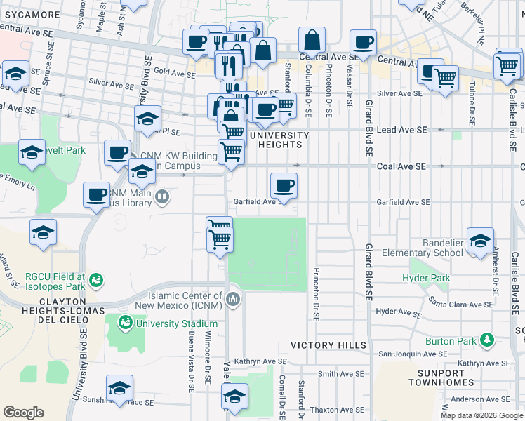 map of restaurants, bars, coffee shops, grocery stores, and more near 2306 Garfield Avenue Southeast in Albuquerque