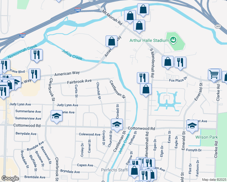 map of restaurants, bars, coffee shops, grocery stores, and more near 5184 Darlington Drive in Memphis