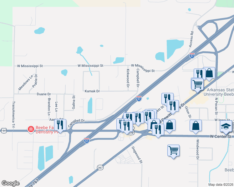 map of restaurants, bars, coffee shops, grocery stores, and more near 1803 Kamak Drive in Beebe
