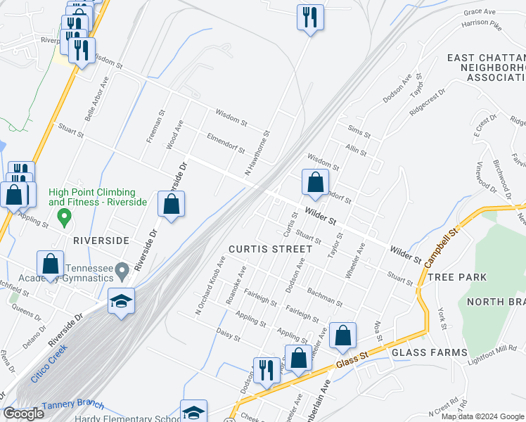 map of restaurants, bars, coffee shops, grocery stores, and more near 1907 Stuart Street in Chattanooga