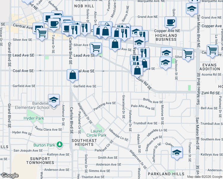 map of restaurants, bars, coffee shops, grocery stores, and more near 451 Montclaire Drive Southeast in Albuquerque