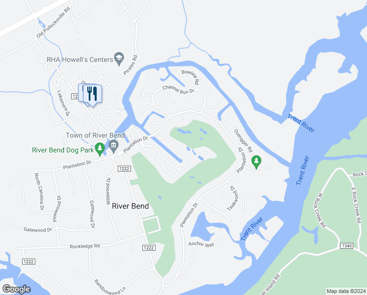 map of restaurants, bars, coffee shops, grocery stores, and more near 144 Quarterdeck Townhouses in New Bern