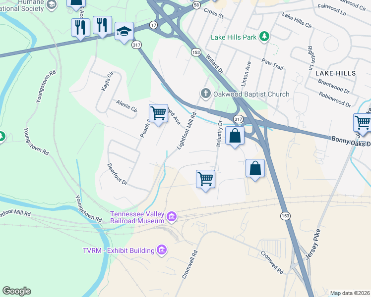 map of restaurants, bars, coffee shops, grocery stores, and more near 3917 Lightfoot Mill Road in Chattanooga