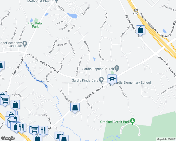 map of restaurants, bars, coffee shops, grocery stores, and more near 3404 Braefield Drive in Indian Trail