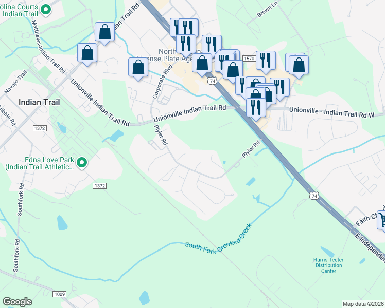 map of restaurants, bars, coffee shops, grocery stores, and more near 108 Silver Glenn Drive in Indian Trail