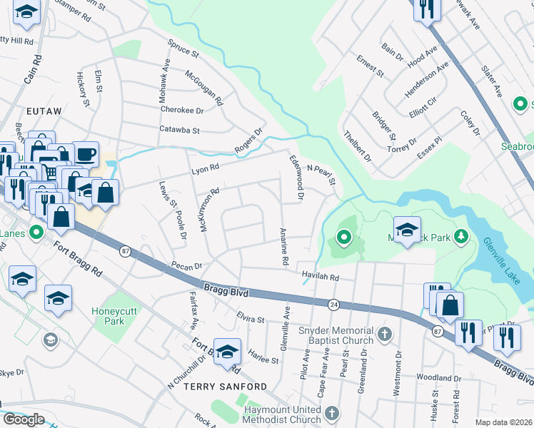 map of restaurants, bars, coffee shops, grocery stores, and more near 819 Ethelored Street in Fayetteville
