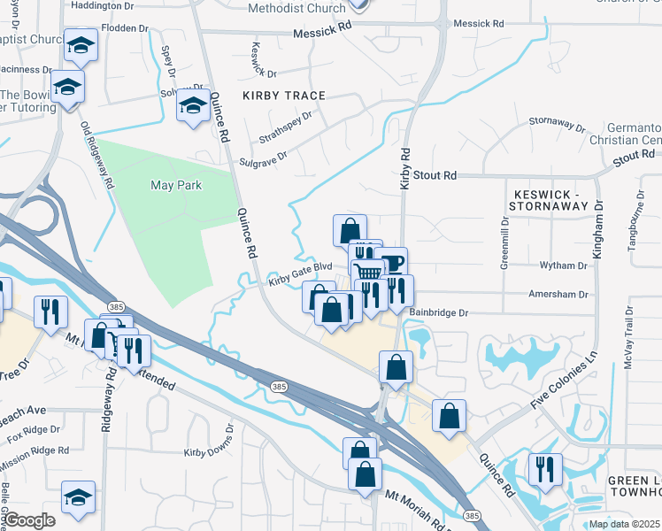 map of restaurants, bars, coffee shops, grocery stores, and more near Kirby Gate Boulevard in Memphis