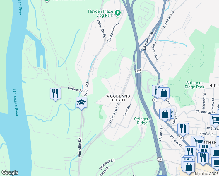 map of restaurants, bars, coffee shops, grocery stores, and more near 991 Henderson Avenue in Chattanooga