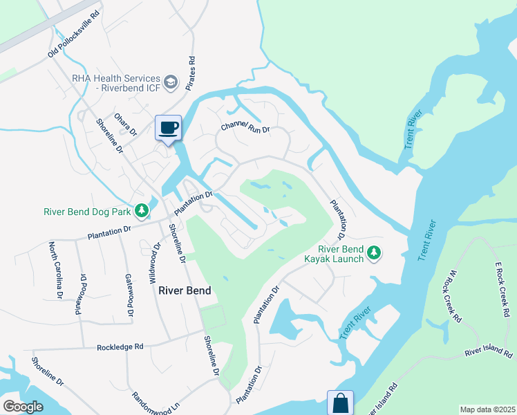 map of restaurants, bars, coffee shops, grocery stores, and more near Marina Townes Drive in Fairfield Harbour