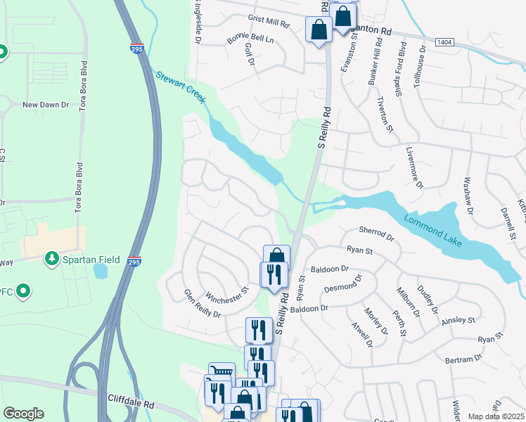 map of restaurants, bars, coffee shops, grocery stores, and more near 1002 Brookhollow Drive in Fayetteville