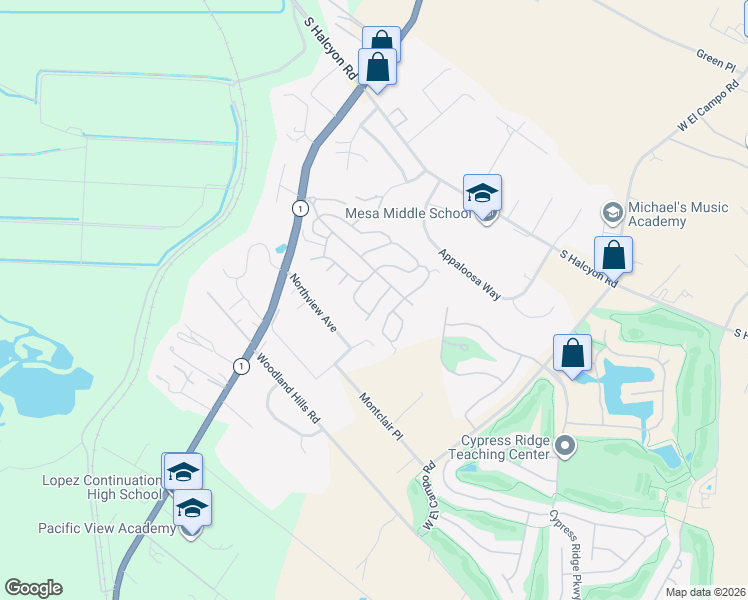 map of restaurants, bars, coffee shops, grocery stores, and more near 765 Mesa View Drive in Arroyo Grande