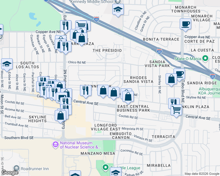 map of restaurants, bars, coffee shops, grocery stores, and more near 10917 Lagrange Park Drive Northeast in Albuquerque