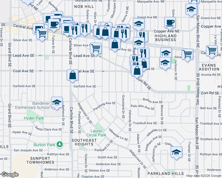 map of restaurants, bars, coffee shops, grocery stores, and more near 451 Montclaire Drive Southeast in Albuquerque