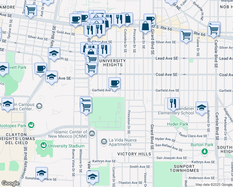 map of restaurants, bars, coffee shops, grocery stores, and more near 2426 Garfield Avenue Southeast in Albuquerque