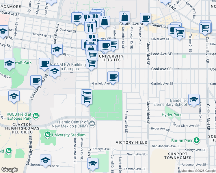 map of restaurants, bars, coffee shops, grocery stores, and more near 2306 Garfield Avenue Southeast in Albuquerque