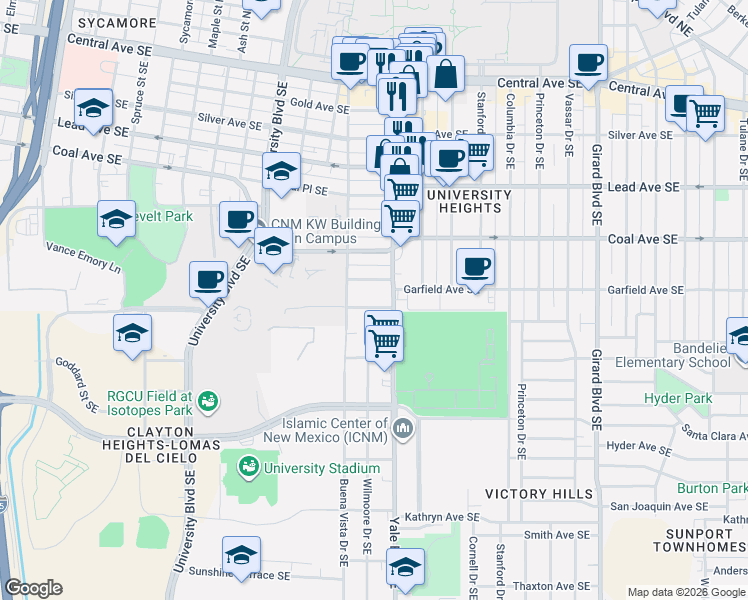 map of restaurants, bars, coffee shops, grocery stores, and more near 2125 Saint Cyr Avenue Southeast in Albuquerque