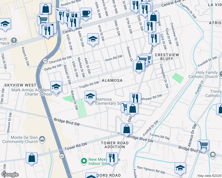 map of restaurants, bars, coffee shops, grocery stores, and more near 901 Field Street Southwest in Albuquerque